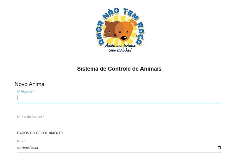 Cadastro de animal no sistema de gestão para abrigo